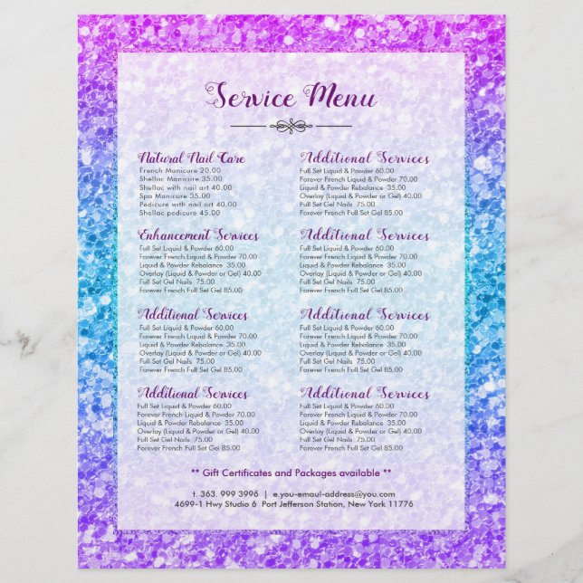 Modern Colourful Faux Glitter Service Price List Flyer (Front)