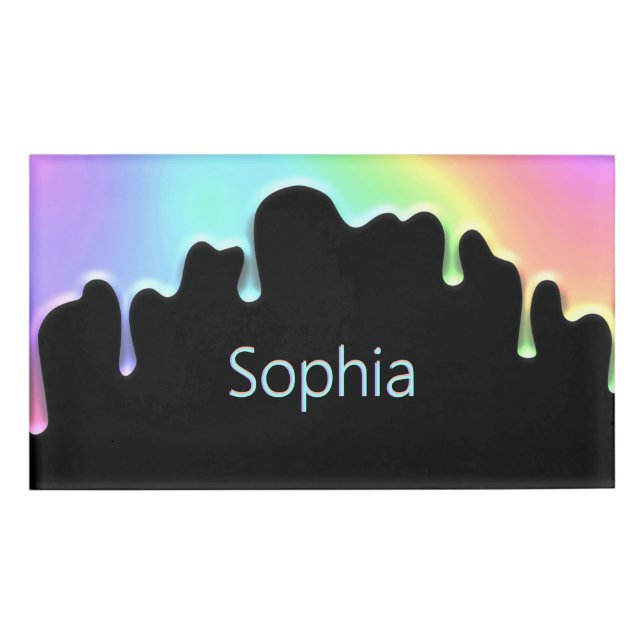 Modern Colourful Faux Holographic Rainbow Drops Name Tag (Front)