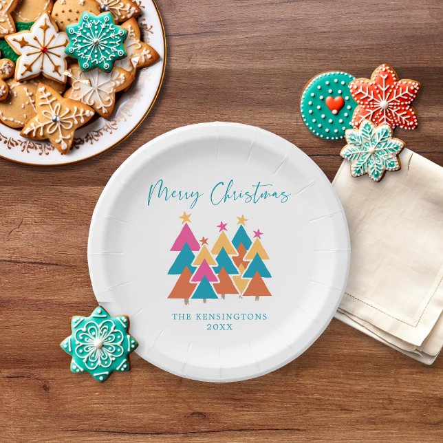 Modern Colourful Festive Christmas Trees Typograph Paper Plate (Modern Colorful Festive Christmas Trees Typography Paper Plates)