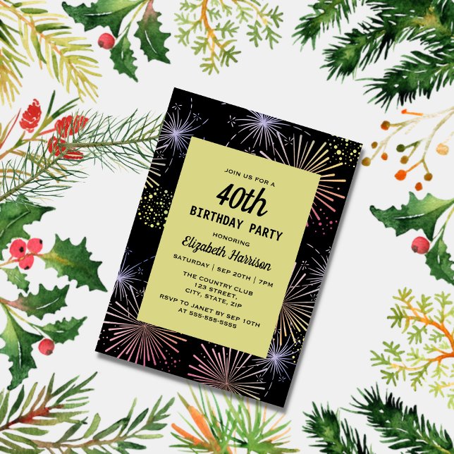 Modern Colourful Fireworks Golden Black Birthday  Invitation (Creator Uploaded)