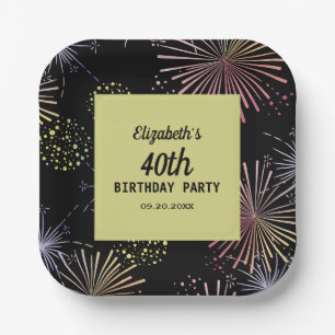 Modern Colourful Fireworks Golden Black Birthday Paper Plate