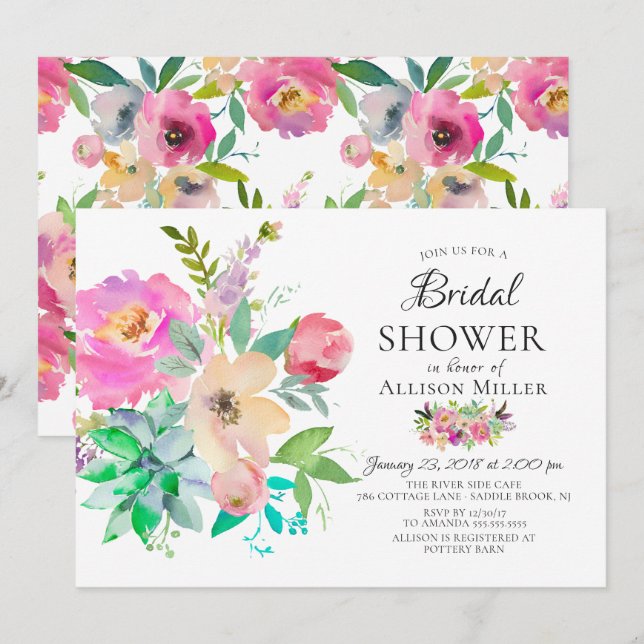 Modern Colourful Floral Bridal Shower Invitations (Front/Back)