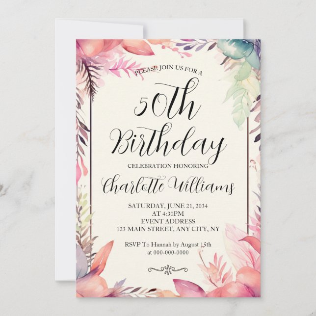Modern Colourful Floral Frame 50th Birthday Invitation (Front)