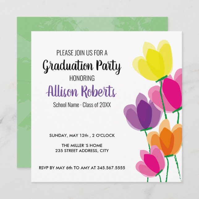 Modern colourful floral graduation party invitatio (Front/Back)