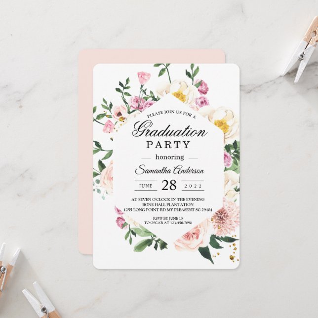Modern Colourful Floral Graduation Party Invitation (Front/Back In Situ)