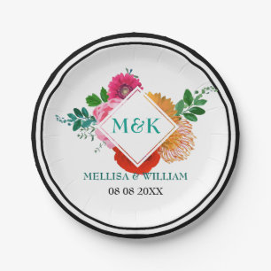 Modern Colourful Floral Illustration Wedding Paper Plate