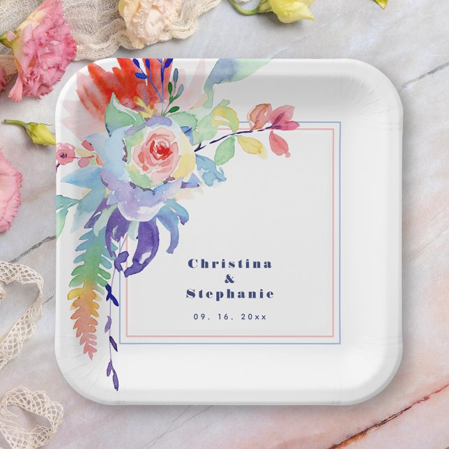 Modern Colourful Floral LGBTQ Wedding Paper Plate (Creator Uploaded)