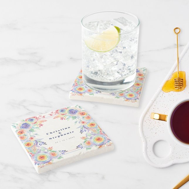 Modern Colourful Floral LGBTQ Wedding Stone Coaster (Creator Uploaded)