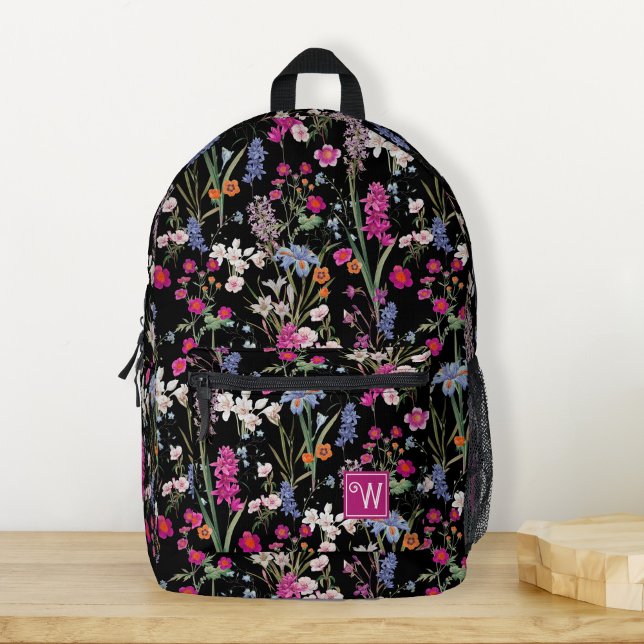 Modern Colourful Floral Pattern Black Custom Name Printed Backpack (Vintage floral botanical pattern black pink name custom, girly backpack for teen girl, lady)
