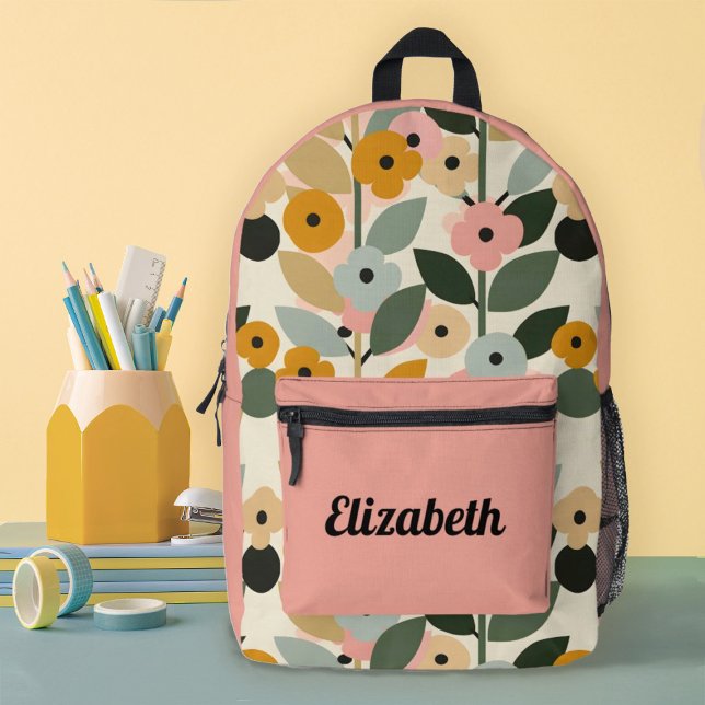 Modern Colourful Floral Pattern Girls School Printed Backpack (A cute and modern girls floral school backpack.Persoanlize it with your name!)