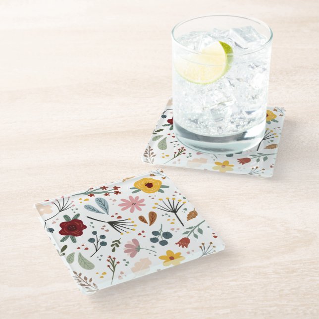 Modern Colourful Floral Pattern Glass Coaster (Angled)