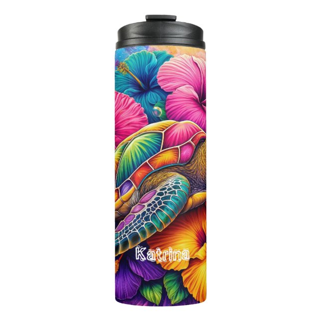 Modern Colourful Floral Turtle Personalised Name  Thermal Tumbler (Front)