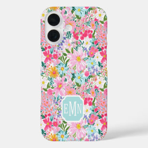 Modern Colourful Flower Garden Monogrammed iPhone 16 Case