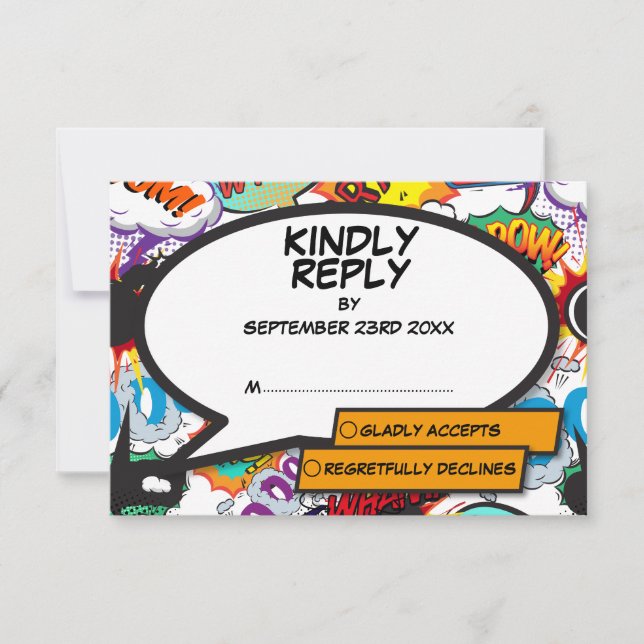Modern Colourful Fun Comic Book Stylish Wedding RSVP Card (Front)