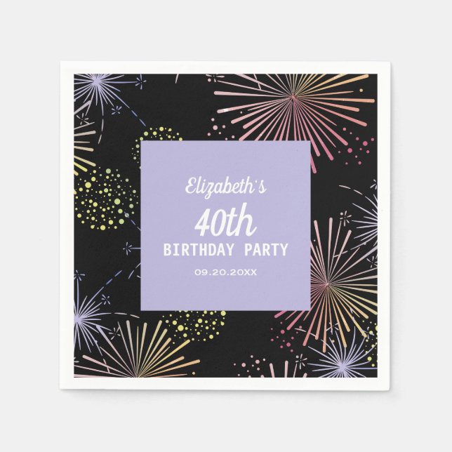 Modern Colourful Fun Fireworks Black Birthday  Napkin (Front)