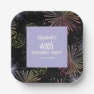Modern Colourful Fun Fireworks Black Birthday Paper Plate