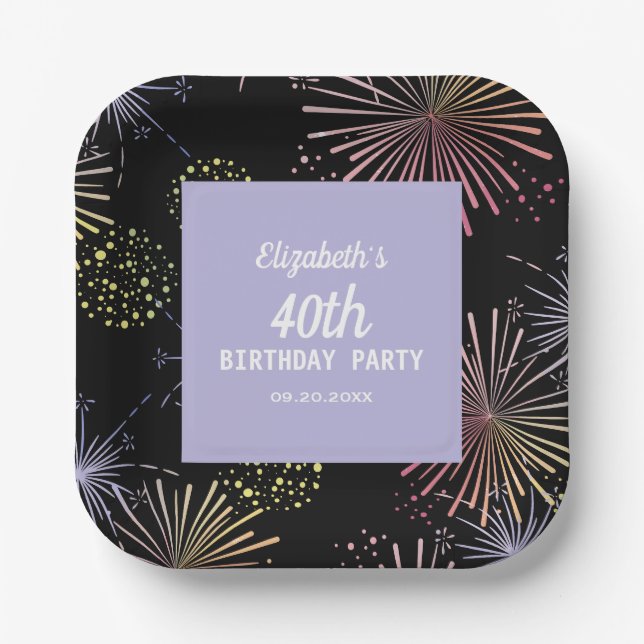 Modern Colourful Fun Fireworks Black Birthday  Paper Plate (Front)