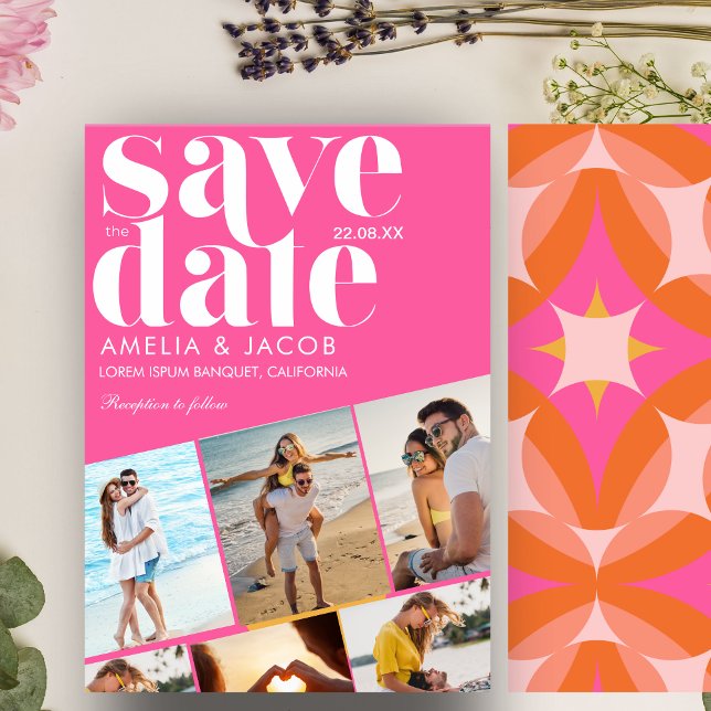 Modern colourful fun Wedding Photo Orange and pink Save The Date (Creator Uploaded)