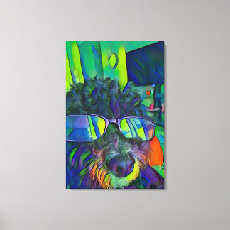 Modern Colourful Funny Goldendoodle Dog With Glass Canvas Print