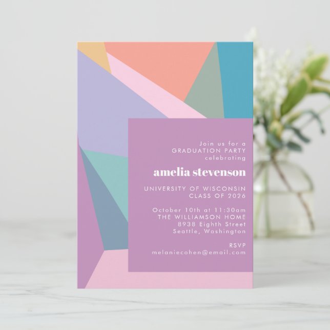 Modern Colourful Geometric Purple Graduation Party Invitation (Standing Front)