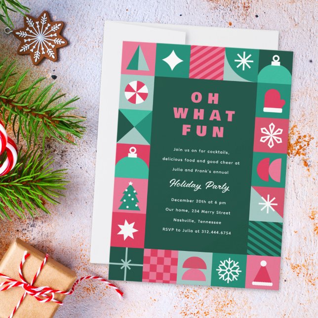 Modern Colourful Geometric Shapes Christmas Party Invitation (modern, geometric, fun, Christmas party invitation with simple festive icons)