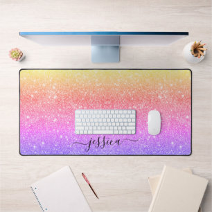 Modern colourful glitter script name desk mat