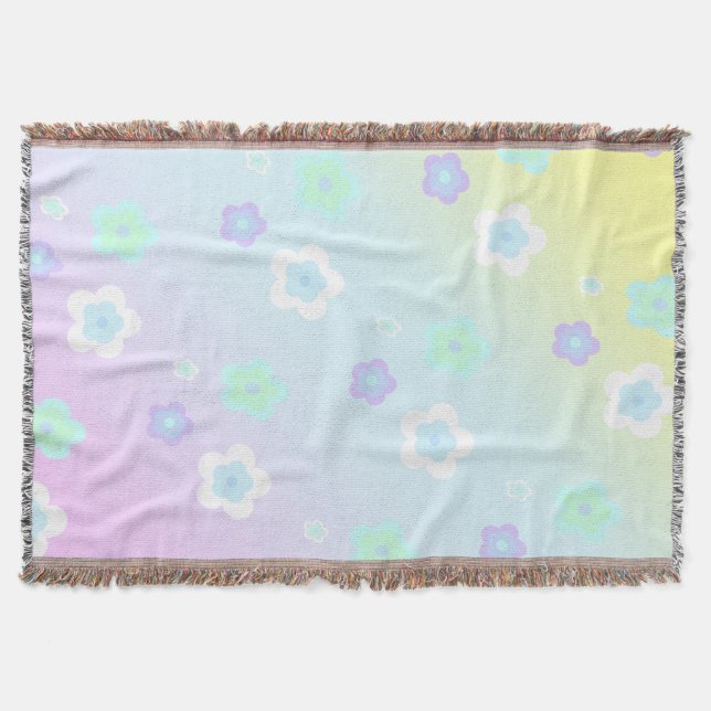 Modern colourful gradient blue flower pattern girl throw blanket (Front)