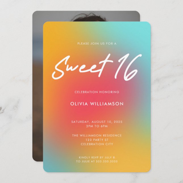 Modern Colourful Gradient Script Sweet 16 Birthday Invitation (Front/Back)