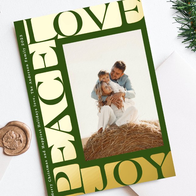modern colourful Green LOVE PEACE JOY photo frame Foil Holiday Card (Creator Uploaded)