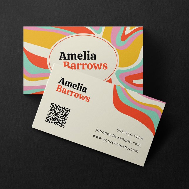 Modern Colourful Groovy Retro 70s design QR code Business Card (Creator Uploaded)