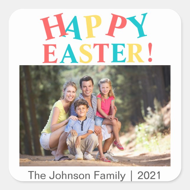 Modern Colourful Happy Easter Photo Personalised Square Sticker (Front)