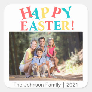 Modern Colourful Happy Easter Photo Personalised Square Sticker