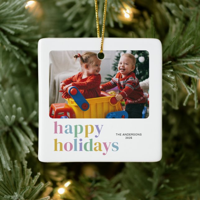 Modern Colourful Happy Holidays Trendy Photo Ceramic Ornament (Tree)