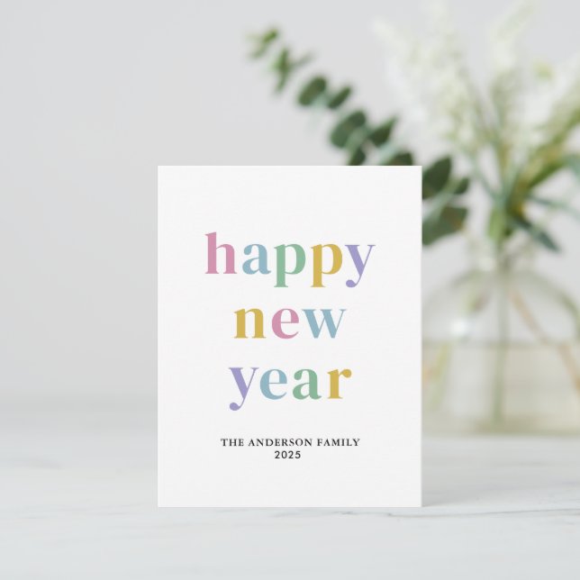 Modern Colourful Happy New Year Typography Holiday Card (Standing Front)