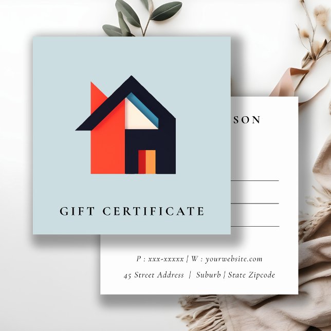 Modern Colourful House Blue Orange Gift Certificat Square Business Card (Creator Uploaded)
