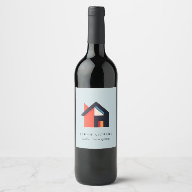 Modern Colourful House Logo Realtor Blue Red Orang Wine Label (Front)