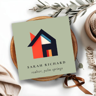 Modern Colourful House Logo Realtor Green Grey Red Square Business Card