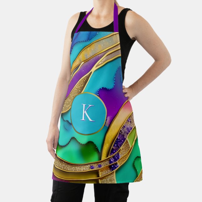 Modern Colourful Jewel Abstract & Gold Monogram Apron (Insitu)