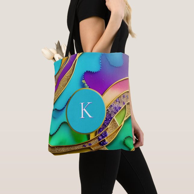 Modern Colourful Jewel Abstract & Gold Monogram Tote Bag (Close Up)