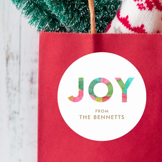 Modern Colourful JOY Personalised Christmas Classic Round Sticker (Creator Uploaded)