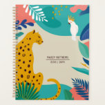 Modern Colourful Jungle Leopard Name Planner<br><div class="desc">This modern, stylish planner notebook features a hand drawn leopard and bird ( cockatiel ), along with jungle leaves and random, artistic shapes. The back of the book contains a coordinating pattern of tropical leaves. The colour scheme consists of light tan, aqua / teal, blue, coral, white, green, pink, and...</div>