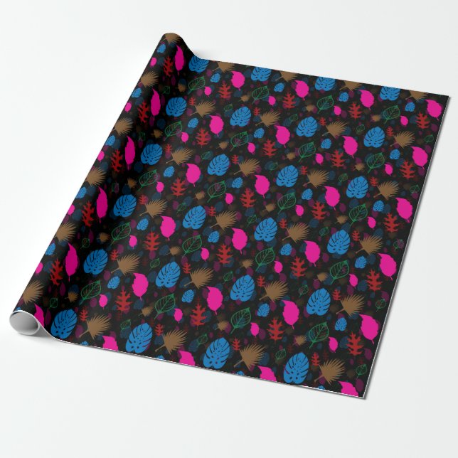 Modern Colourful Leaf Abstract Pattern Black Wrapping Paper (Unrolled)