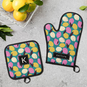 Modern Colourful Lemons Pattern Monogram Name Oven Mitt & Pot Holder Set