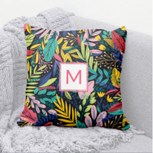 Modern Colourful Line Art Leaves Coral Monogram  Cushion
