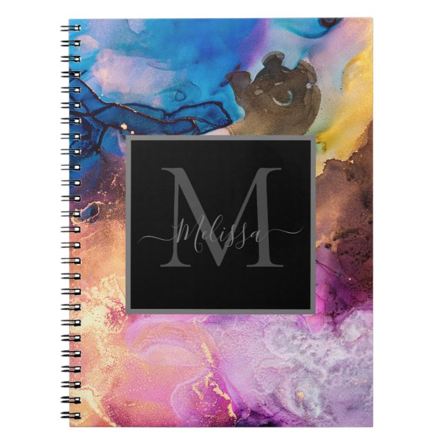 Modern Colourful Marbled Monogram Name  Notebook (Front)