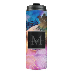 Modern Colourful Marbled Monogram Name  Thermal Tumbler