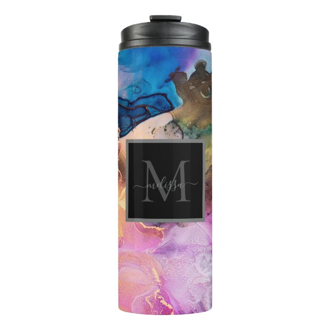 Modern Colourful Marbled Monogram Name  Thermal Tumbler (Front)