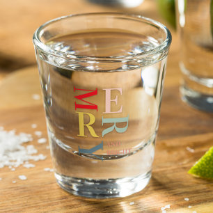 Modern Colourful Merry and Bright Happy Holidays Shot Glass