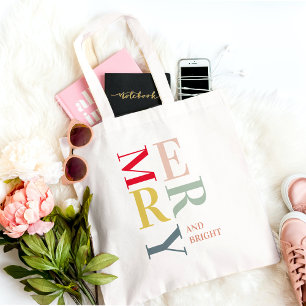 Modern Colourful Merry and Bright Happy Holidays Tote Bag