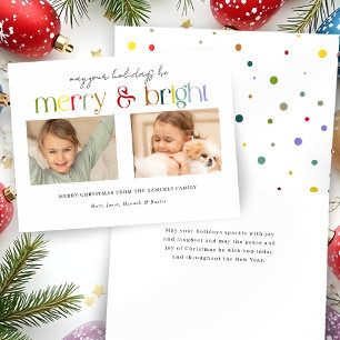 Modern Colourful Merry & Bright Typography 2-Photo Holiday Card